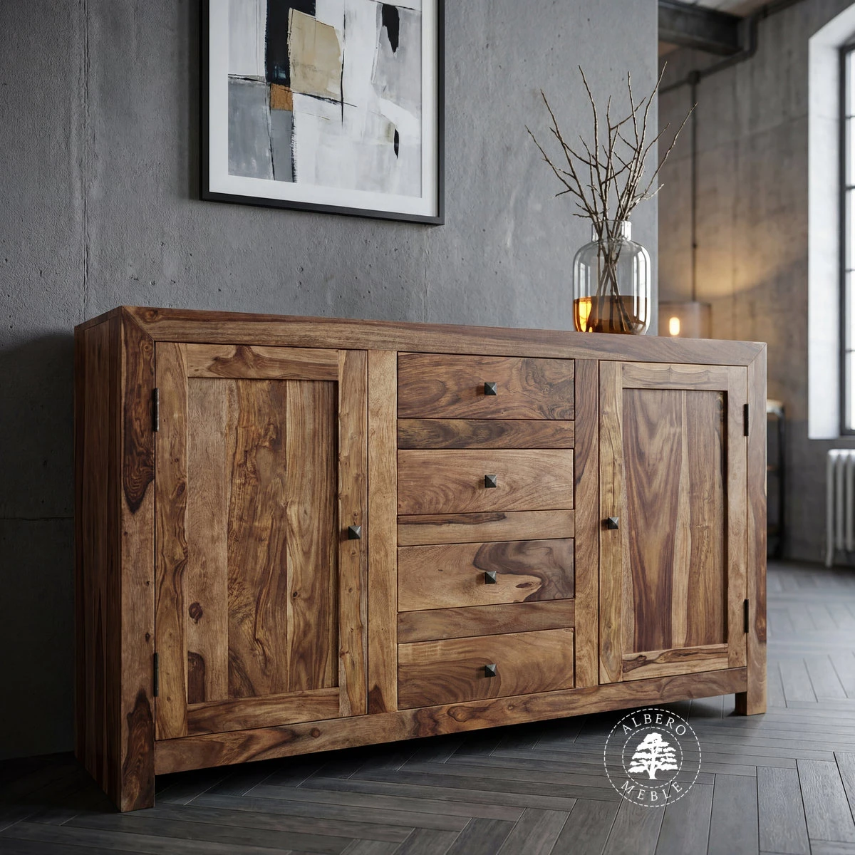 Komoda drewniana Cube metalowymi uchwytami